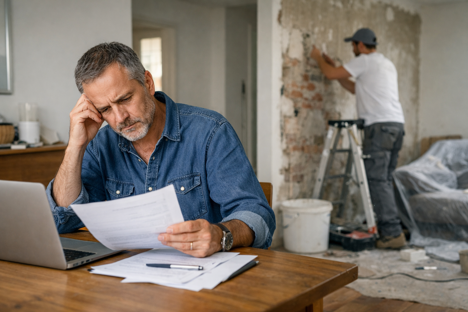 Homme préoccupé examinant factures, ouvrier rénovant mur