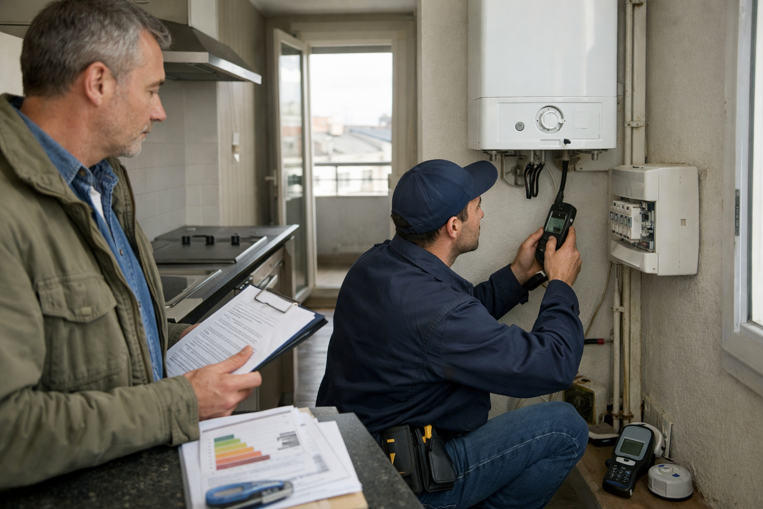 Technicien répare chaudière murale pendant inspection client