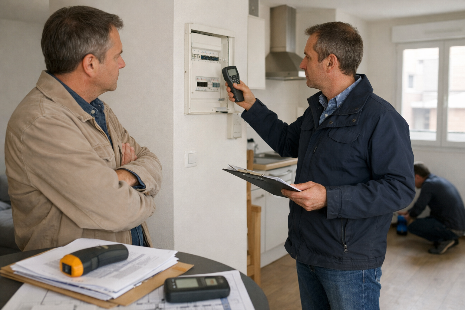 Technicien montrant un appareil de mesure au propriétaire