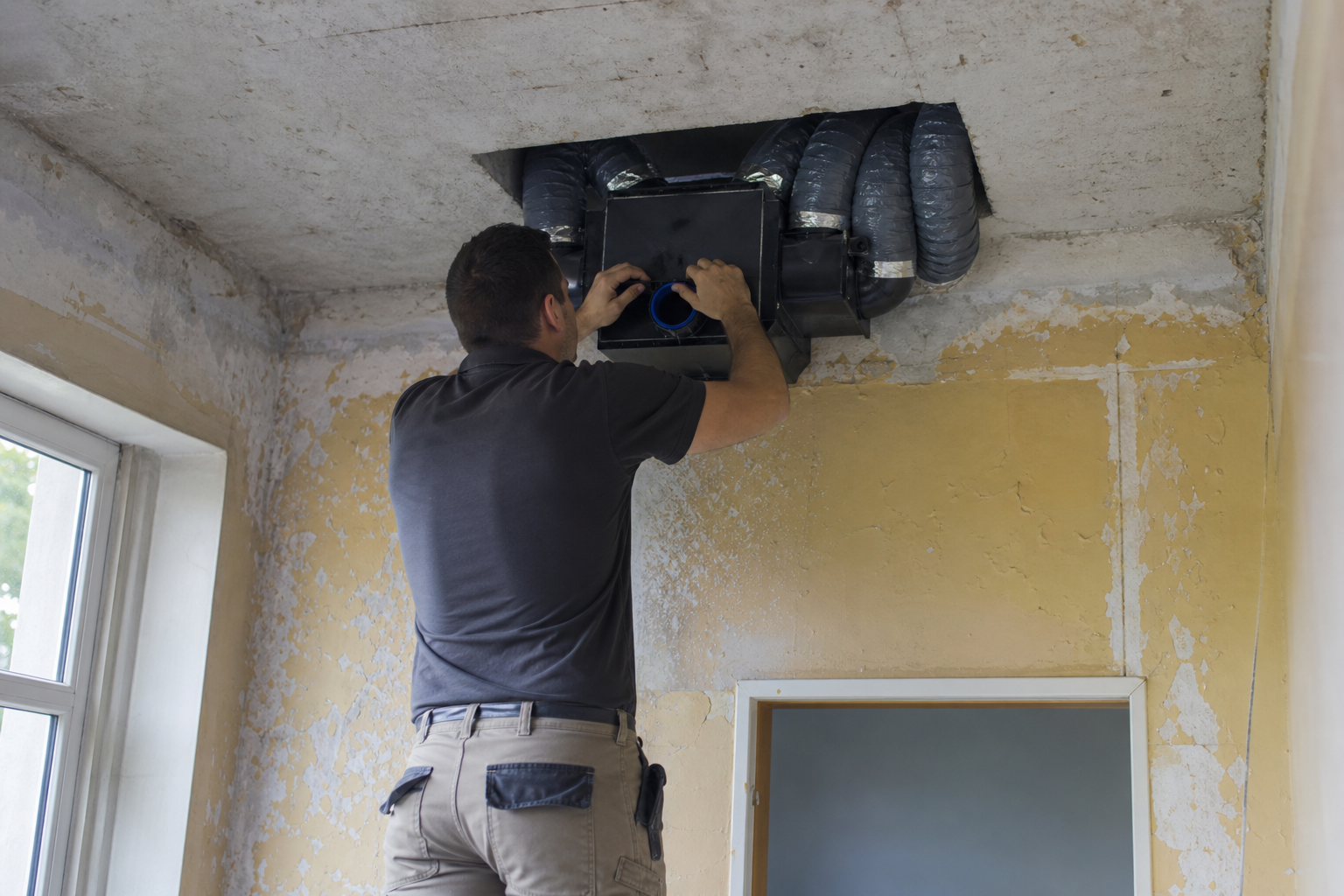 Technicien montant des gaines souples de ventilation