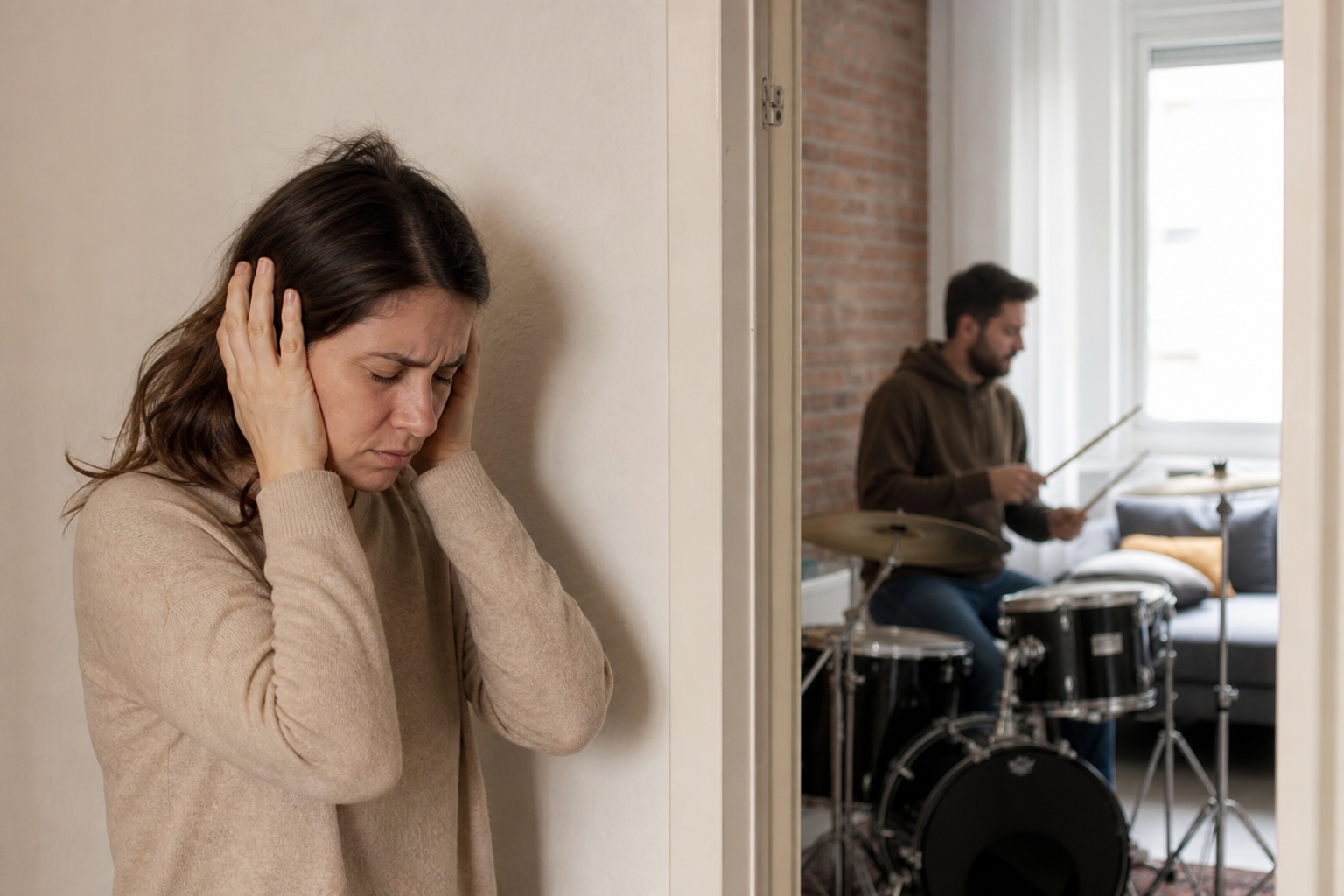 Femme se bouchant les oreilles près d'homme jouant batterie