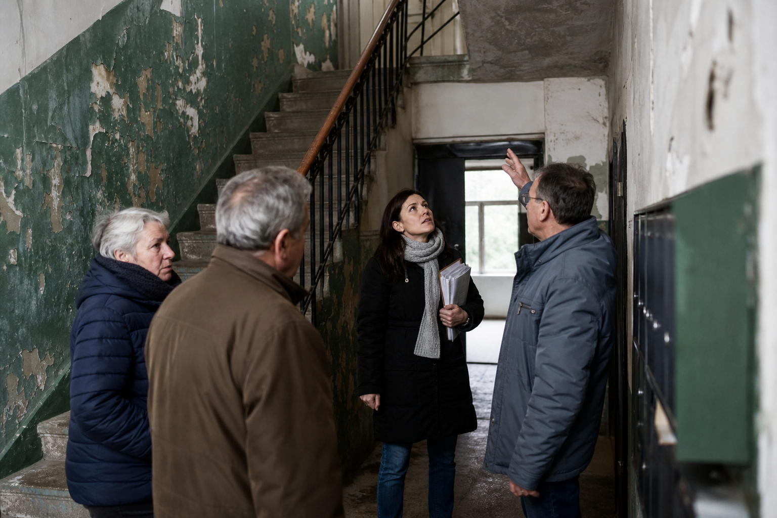 Quatre personnes examinant un escalier intérieur délabré