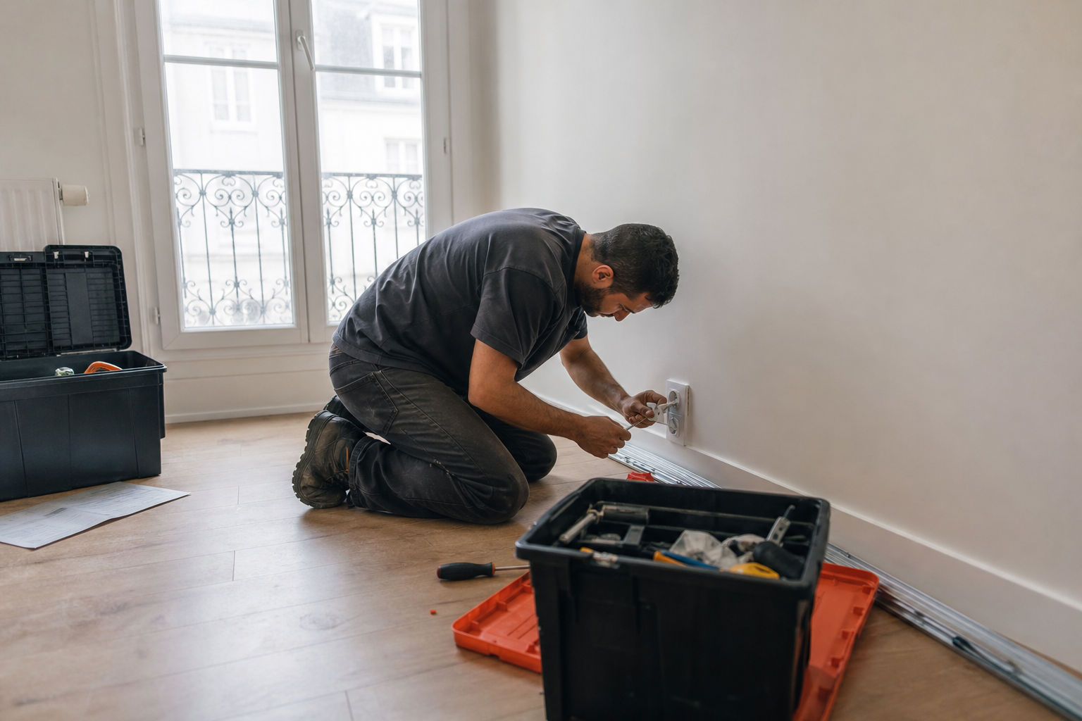 Électricien agenouillé réparant une prise murale