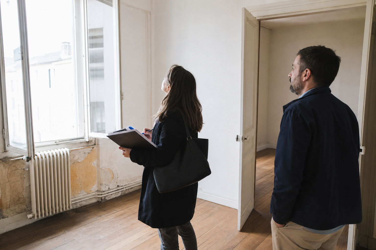 Visite immobilière : agent prenant des notes près de la fenêtre